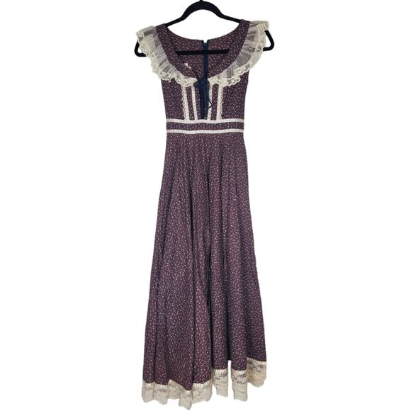 Gunne Sax Rare Prairie Boho Purple Floral Calico Dress Sz 5 vintage gold label - Picture 2 of 14